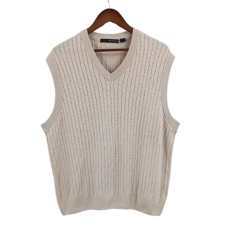 Greg Norman Tan Cable Knit V-Neck Grandpa Sweater Vest Sz Large